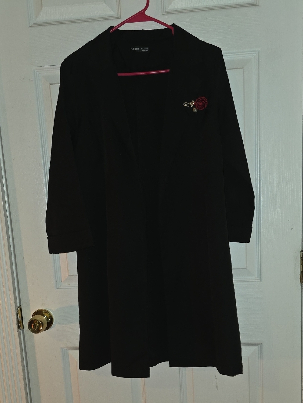 Black Long Open Front Blazer with Decorative Brooch
